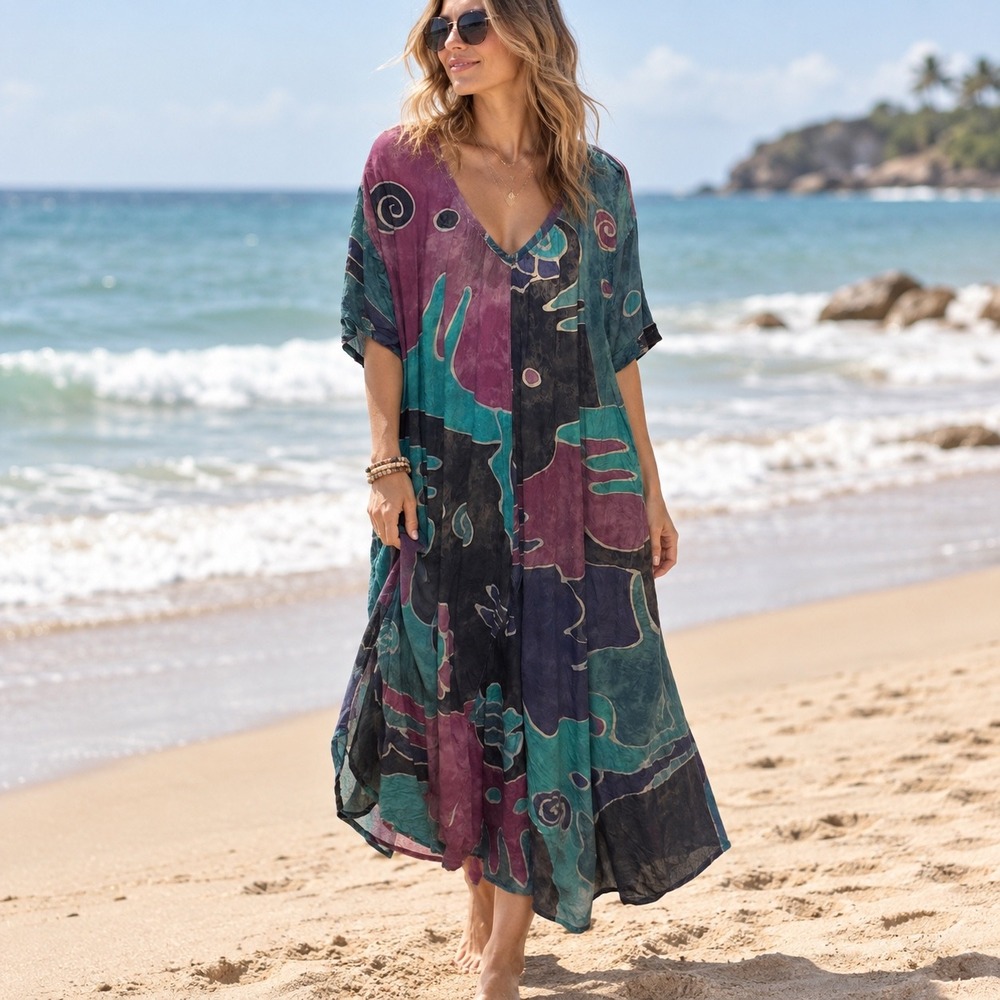 Tantrum Hawaii Batik Rayon Kaftan Dress Purple Teal Abstract One Size Indonesia